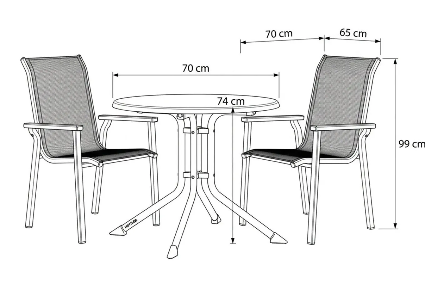 Best BasicPlus Pro Balkon-Set, silber/anthrazit, Aluminium/Textilene/KETTALUX, Tisch Ø 70 cm, klappbar, 2 Stapelsessel Balkonmöbel-Set|Aluminium-Gartenmöbel