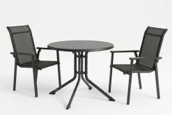 Discount BasicPlus Pro Balkon-Set, anthrazit, Aluminium/KETTALUX/Textilene, Tisch Ø 70 cm, rund, 2 Stapelsessel Balkonmöbel-Set|Aluminium-Gartenmöbel