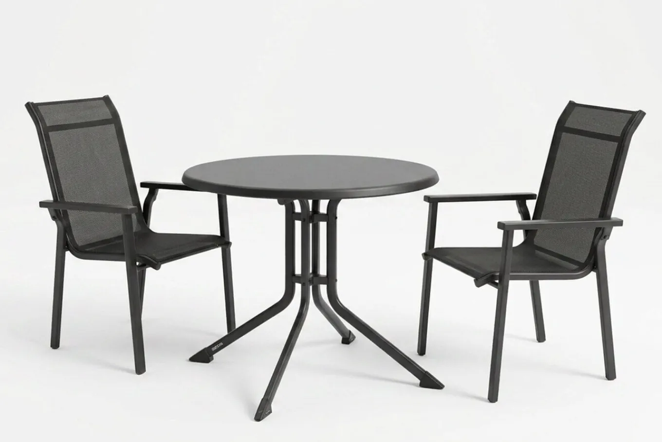 Discount BasicPlus Pro Balkon-Set, anthrazit, Aluminium/KETTALUX/Textilene, Tisch Ø 70 cm, rund, 2 Stapelsessel Balkonmöbel-Set|Aluminium-Gartenmöbel