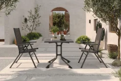 Discount BasicPlus Pro Balkon-Set, anthrazit, Alu/Textilene, Tischplatte klappbar 80 x 80 cm, 2 Klappstühle, geeignet für Balkone Garten-Essgruppen