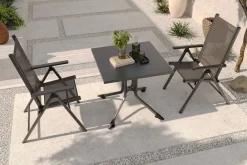 Discount BasicPlus Pro Balkon-Set, anthrazit, Alu/Textilene, Tischplatte klappbar 80 x 80 cm, 2 Klappstühle, geeignet für Balkone Garten-Essgruppen