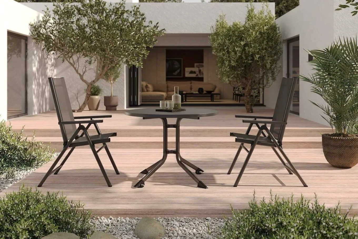 Sale BasicPlus Pro Balkon-Set, anthrazit, Alu/Textilene, Ø100 x 74 cm, 2 Klappstühle, geeignet für Balkone Garten-Essgruppen