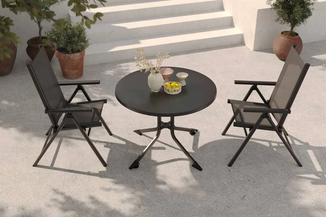 Sale BasicPlus Pro Balkon-Set, anthrazit, Alu/Textilene, Ø100 x 74 cm, 2 Klappstühle, geeignet für Balkone Garten-Essgruppen