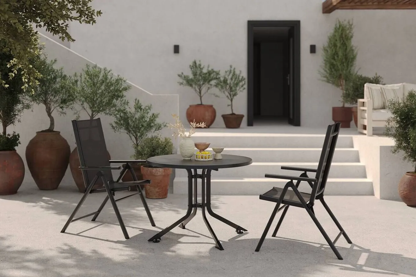 Sale BasicPlus Pro Balkon-Set, anthrazit, Alu/Textilene, Ø100 x 74 cm, 2 Klappstühle, geeignet für Balkone Garten-Essgruppen