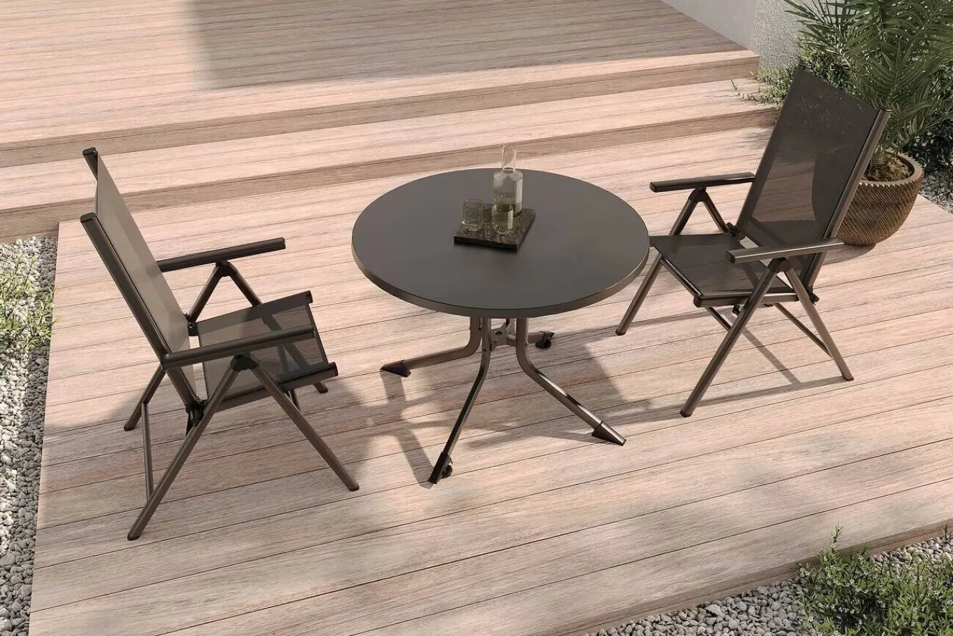 Sale BasicPlus Pro Balkon-Set, anthrazit, Alu/Textilene, Ø100 x 74 cm, 2 Klappstühle, geeignet für Balkone Garten-Essgruppen