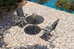Sale BasicPlus Pro Balkon-Set, silber/anthrazit, Alu/Textilene, Tisch Ø100 cm, 2 Klappstühle Garten-Essgruppen