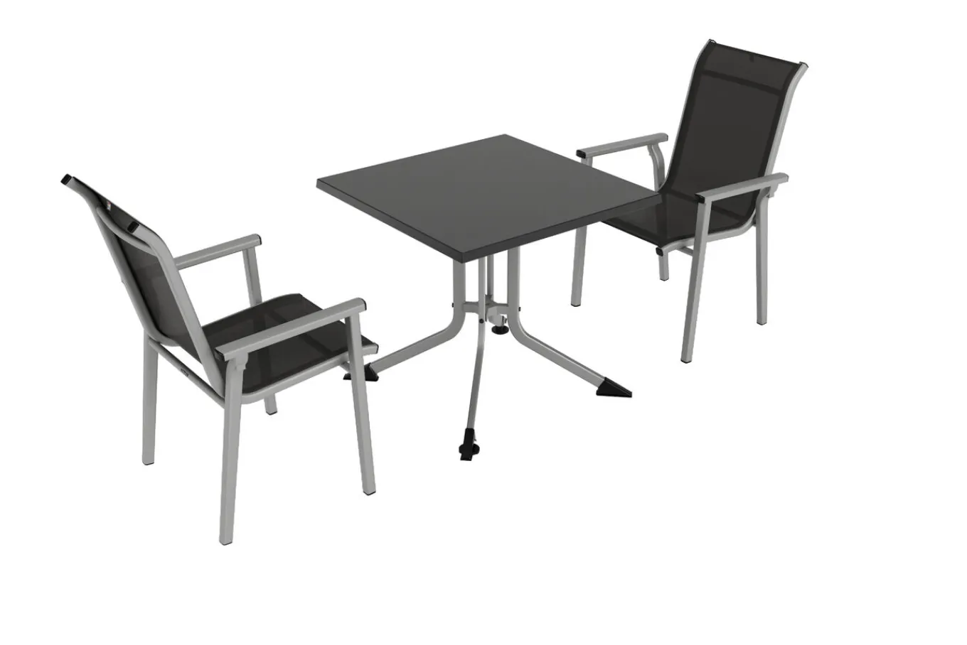 Online BasicPlus Pro Balkon-Set, silber/anthrazit, Alu/Textilene, Klapptisch eckig 80 x 80 cm, 2 Stapelsessel Garten-Essgruppen
