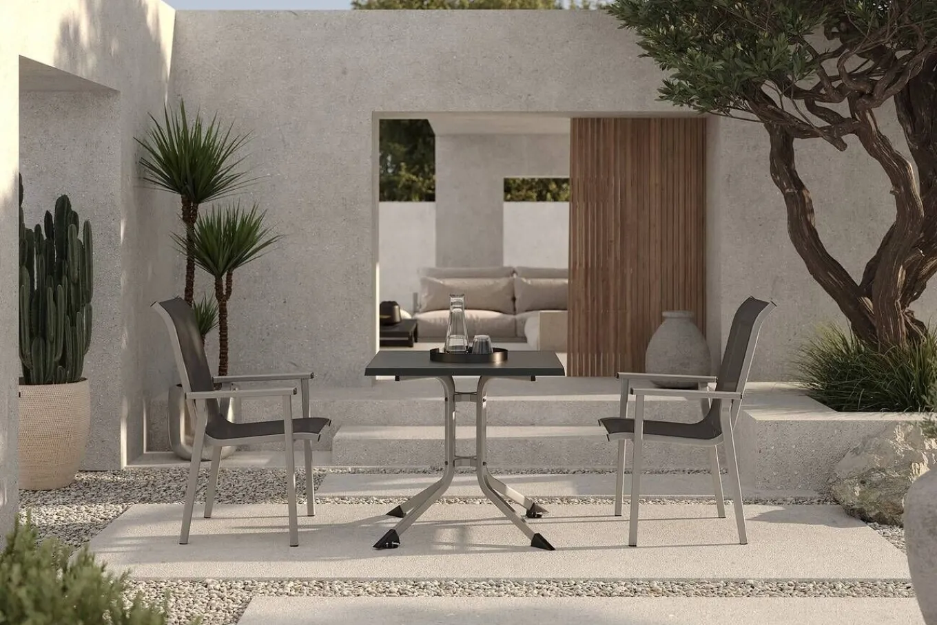 Online BasicPlus Pro Balkon-Set, silber/anthrazit, Alu/Textilene, Klapptisch eckig 80 x 80 cm, 2 Stapelsessel Garten-Essgruppen