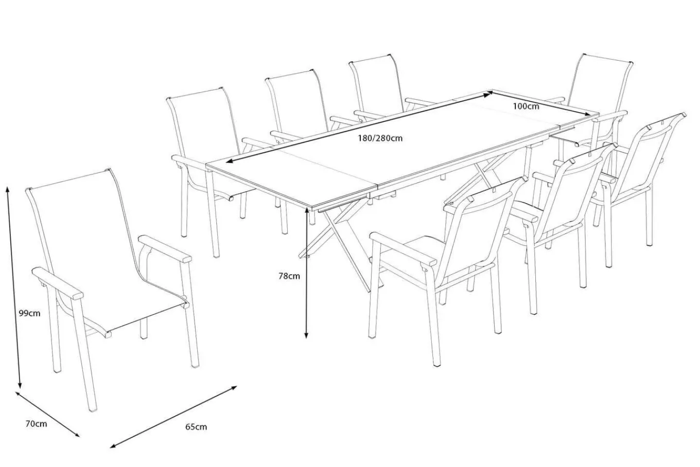 Discount BasicPlus Pro Garten-Essgruppe, anthrazit, Alu/Textilene/Spraystone, Tisch 180/280 x 100 cm, 8 Stapelsessel Garten-Essgruppen
