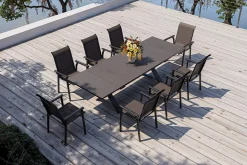 Discount BasicPlus Pro Garten-Essgruppe, anthrazit, Alu/Textilene/Spraystone, Tisch 180/280 x 100 cm, 8 Stapelsessel Garten-Essgruppen