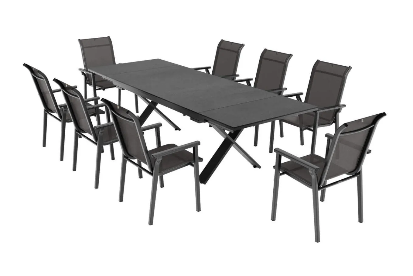 Discount BasicPlus Pro Garten-Essgruppe, anthrazit, Alu/Textilene/Spraystone, Tisch 180/280 x 100 cm, 8 Stapelsessel Garten-Essgruppen