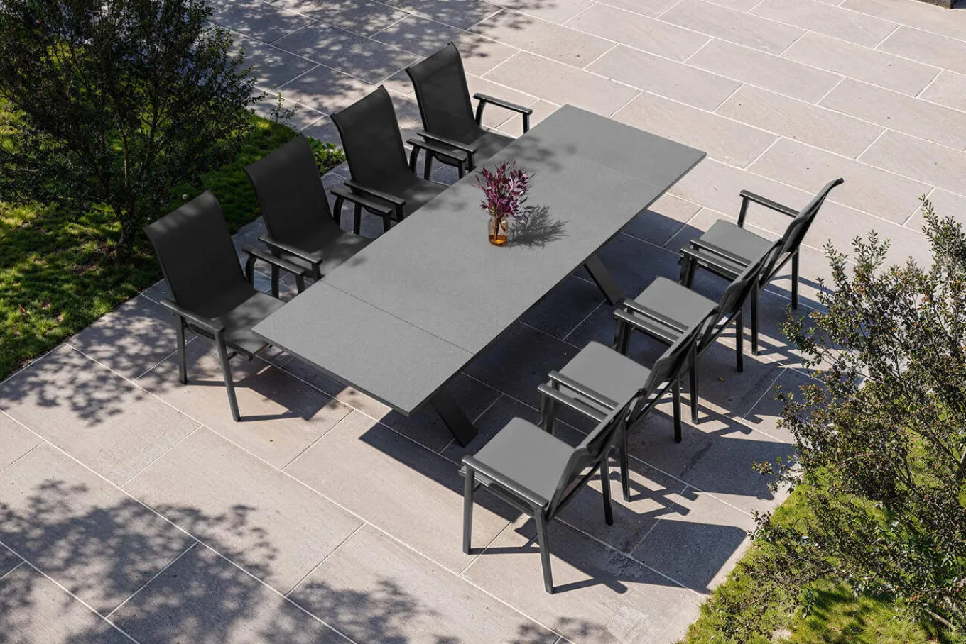 Discount BasicPlus Pro Garten-Essgruppe, anthrazit, Alu/Textilene/Spraystone, Tisch 180/280 x 100 cm, 8 Stapelsessel Garten-Essgruppen