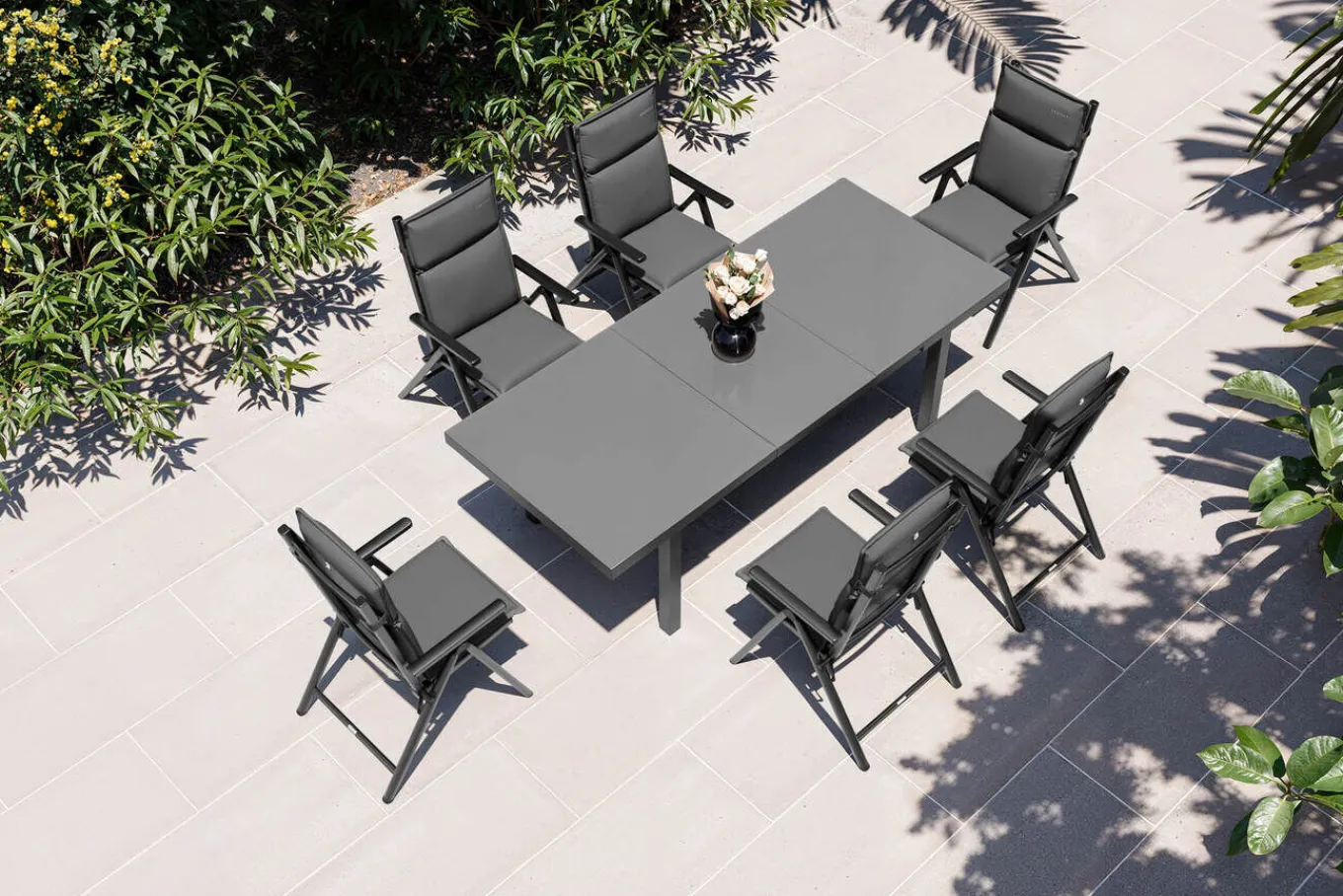 New BasicPlus Pro Garten-Essgruppe, anthrazit, Alu/Textilene/Glas, Tisch ausziehbar 180/240 cm, 6 Klappstühle inkl. Auflagen Garten-Essgruppen