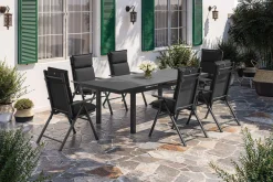New BasicPlus Pro Garten-Essgruppe, anthrazit, Alu/Textilene/Glas, Tisch ausziehbar 180/240 cm, 6 Klappstühle inkl. Auflagen Garten-Essgruppen