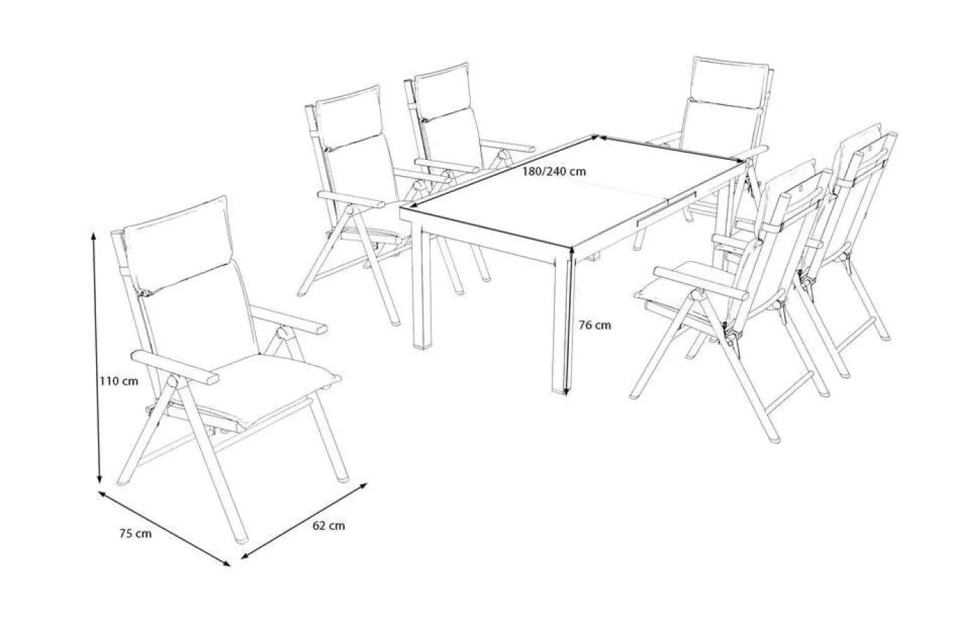 New BasicPlus Pro Garten-Essgruppe, anthrazit, Alu/Textilene/Glas, Tisch ausziehbar 180/240 cm, 6 Klappstühle inkl. Auflagen Garten-Essgruppen