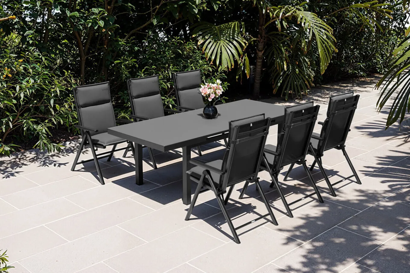 New BasicPlus Pro Garten-Essgruppe, anthrazit, Alu/Textilene/Glas, Tisch ausziehbar 180/240 cm, 6 Klappstühle inkl. Auflagen Garten-Essgruppen