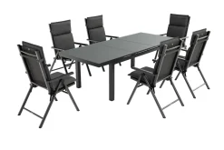 New BasicPlus Pro Garten-Essgruppe, anthrazit, Alu/Textilene/Glas, Tisch ausziehbar 180/240 cm, 6 Klappstühle inkl. Auflagen Garten-Essgruppen