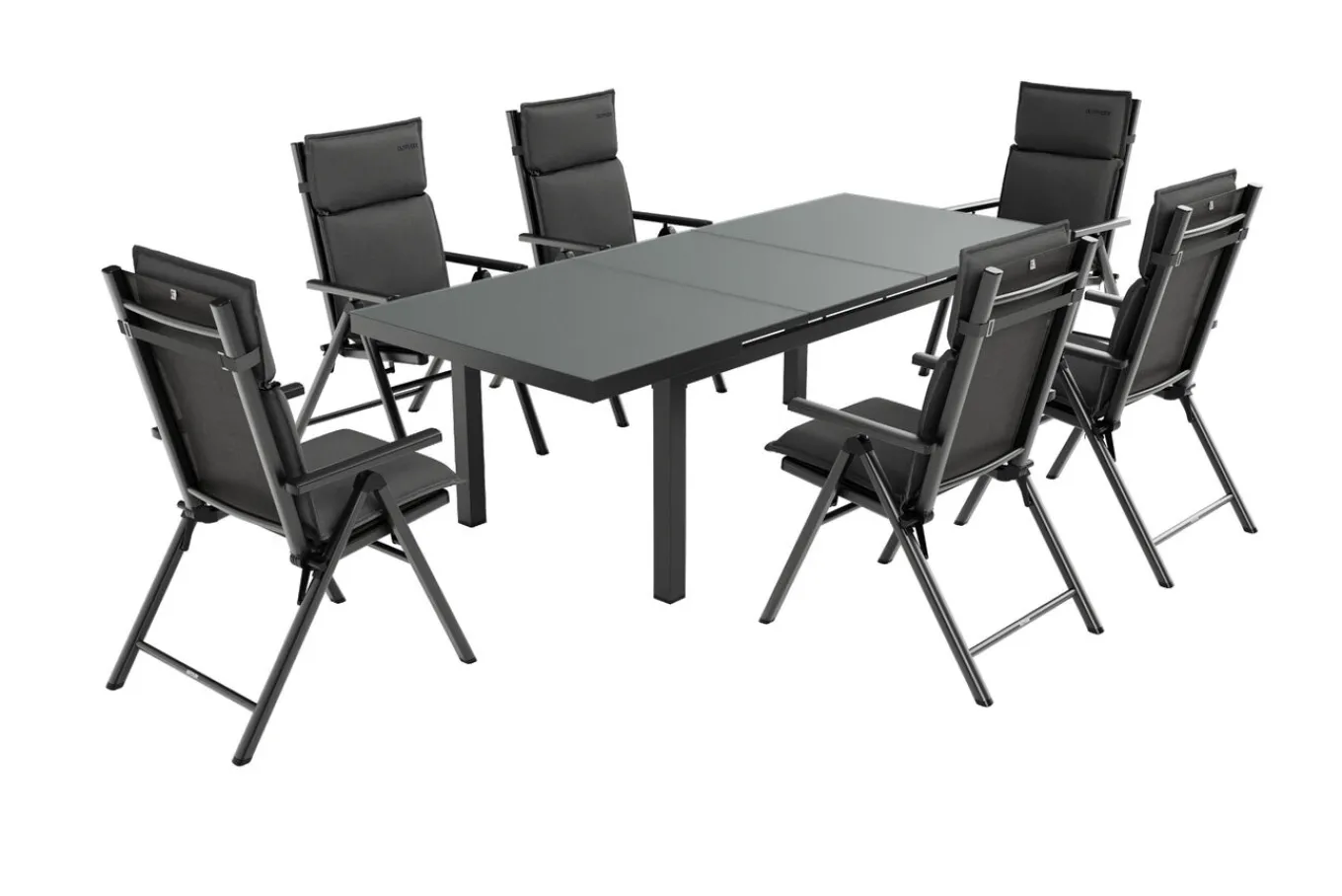 New BasicPlus Pro Garten-Essgruppe, anthrazit, Alu/Textilene/Glas, Tisch ausziehbar 180/240 cm, 6 Klappstühle inkl. Auflagen Garten-Essgruppen