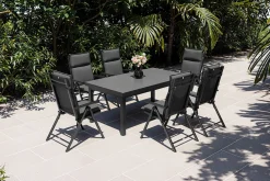 New BasicPlus Pro Garten-Essgruppe, anthrazit, Alu/Textilene/Glas, Tisch ausziehbar 180/240 cm, 6 Klappstühle inkl. Auflagen Garten-Essgruppen