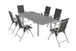 Discount BasicPlus Pro Garten-Essgruppe, 6 Personen, ausziehbarer Tisch 180–240 cm, Aluminium/Textilene, Exklusivmodell Garten-Essgruppen