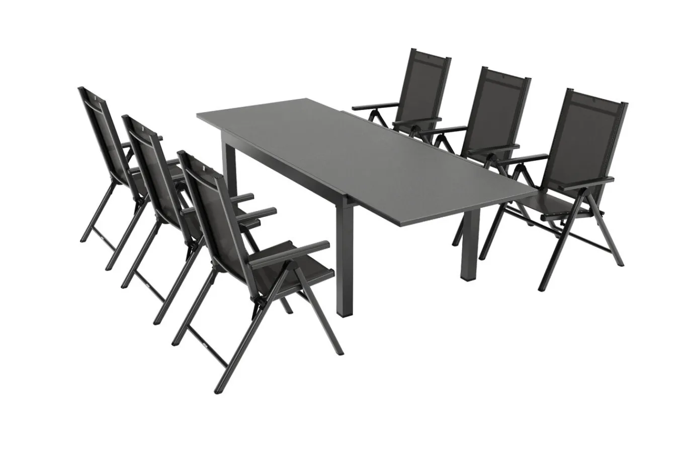 Clearance BasicPlus Pro Garten-Essgruppe, 6 Personen, ausziehbarer Tisch 160–260 cm, Alu/Textilene, Exklusivmodell Garten-Essgruppen