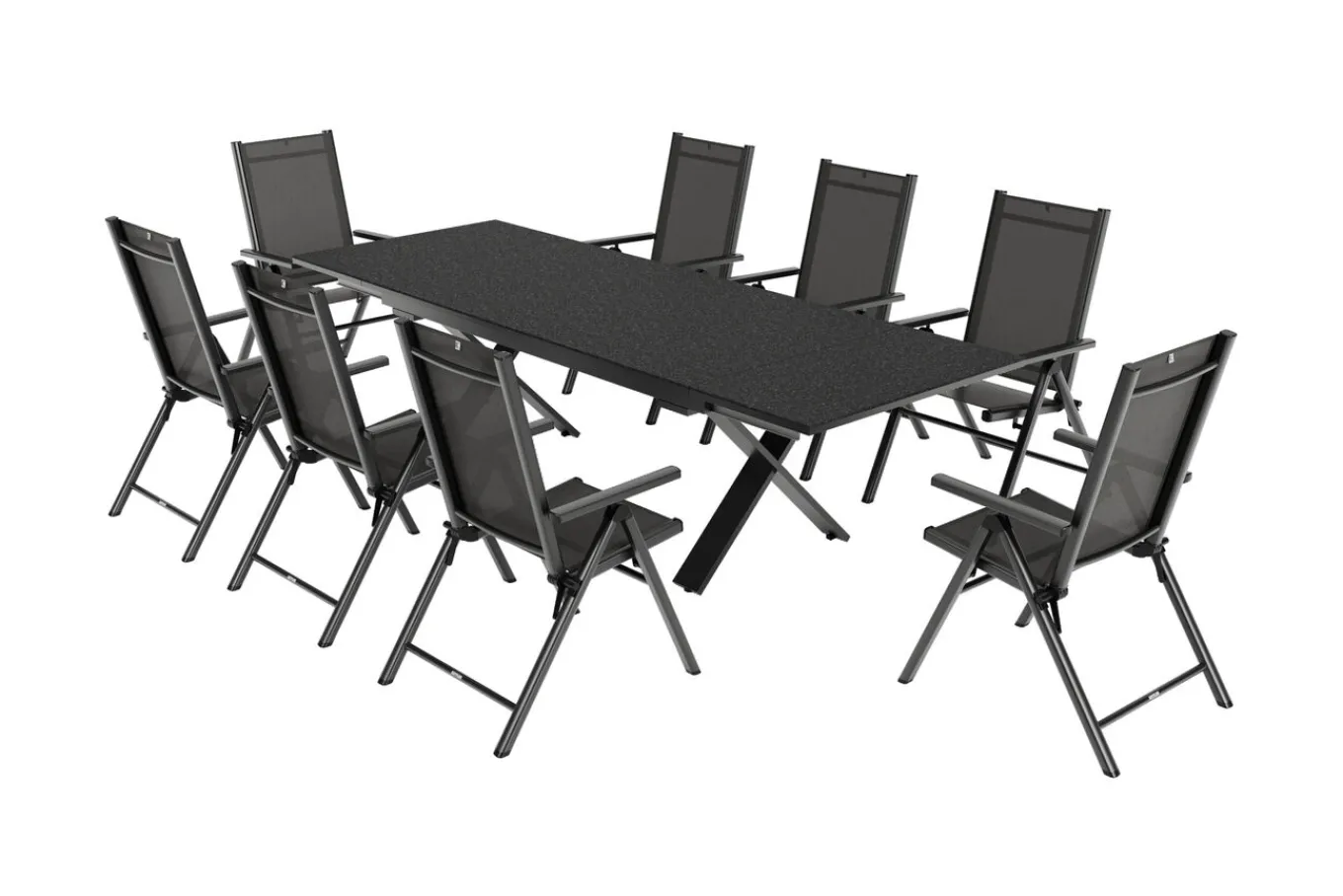 Discount BasicPlus Pro Garten-Essgruppe, anthrazit, Alu/Textilene/Spraystone, Tisch ausziehbar 180/280 cm, 8 Klappstühle Garten-Essgruppen