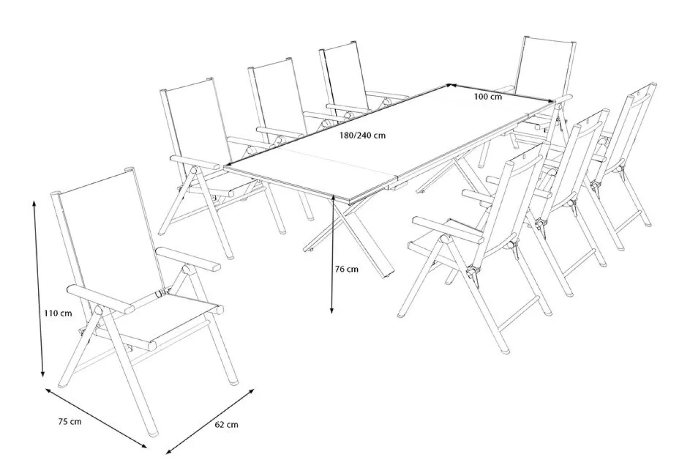 Discount BasicPlus Pro Garten-Essgruppe, anthrazit, Alu/Textilene/Spraystone, Tisch ausziehbar 180/280 cm, 8 Klappstühle Garten-Essgruppen