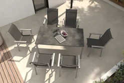 Sale BasicPlus Pro Garten-Essgruppe, silber/anthrazit, Alu/Textilene, Tisch 160 x 90 cm, 6 Stapelsessel Garten-Essgruppen