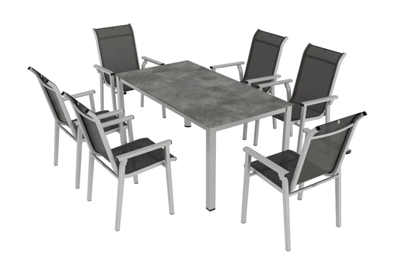 Sale BasicPlus Pro Garten-Essgruppe, silber/anthrazit, Alu/Textilene, Tisch 160 x 90 cm, 6 Stapelsessel Garten-Essgruppen