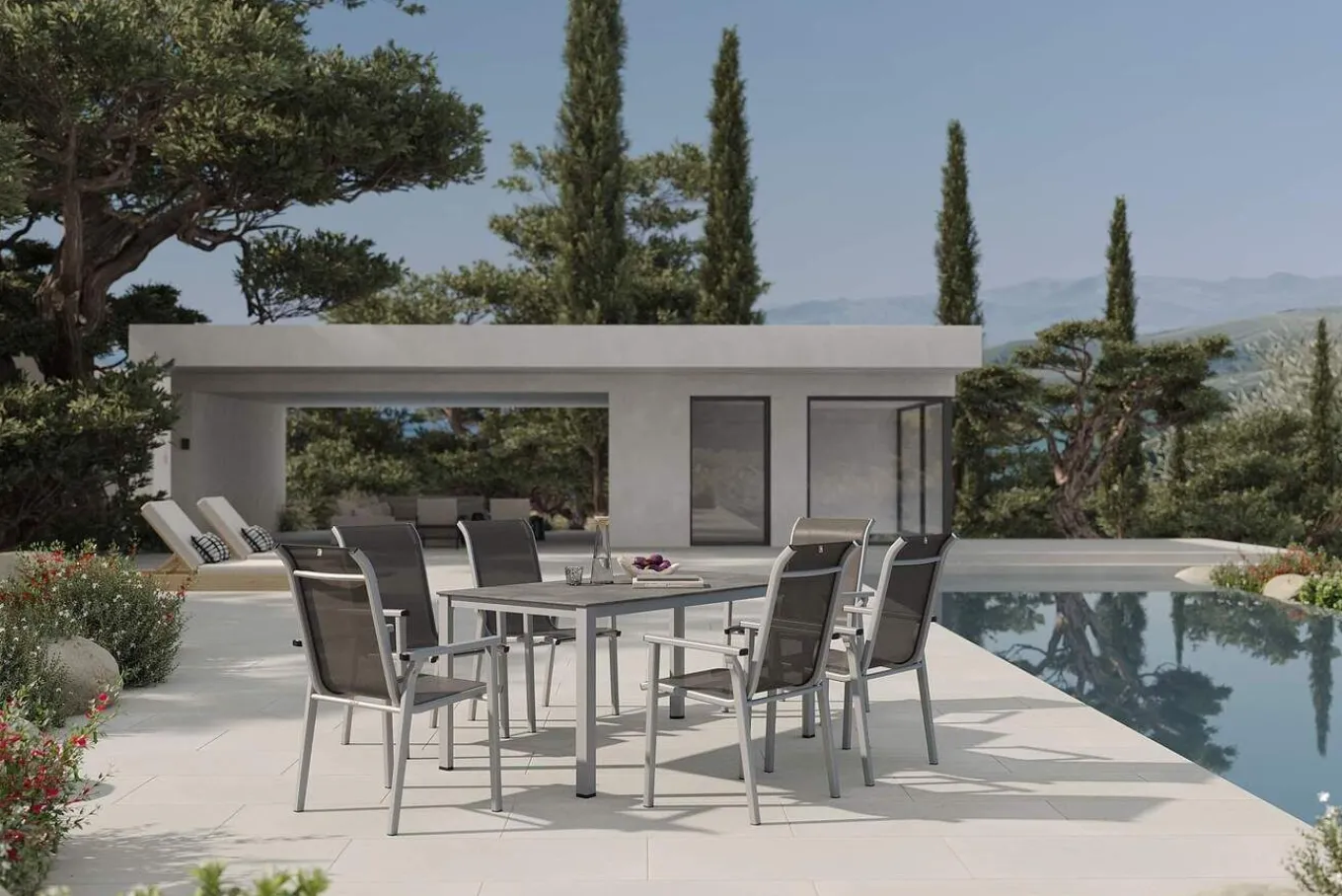 Sale BasicPlus Pro Garten-Essgruppe, silber/anthrazit, Alu/Textilene, Tisch 160 x 90 cm, 6 Stapelsessel Garten-Essgruppen