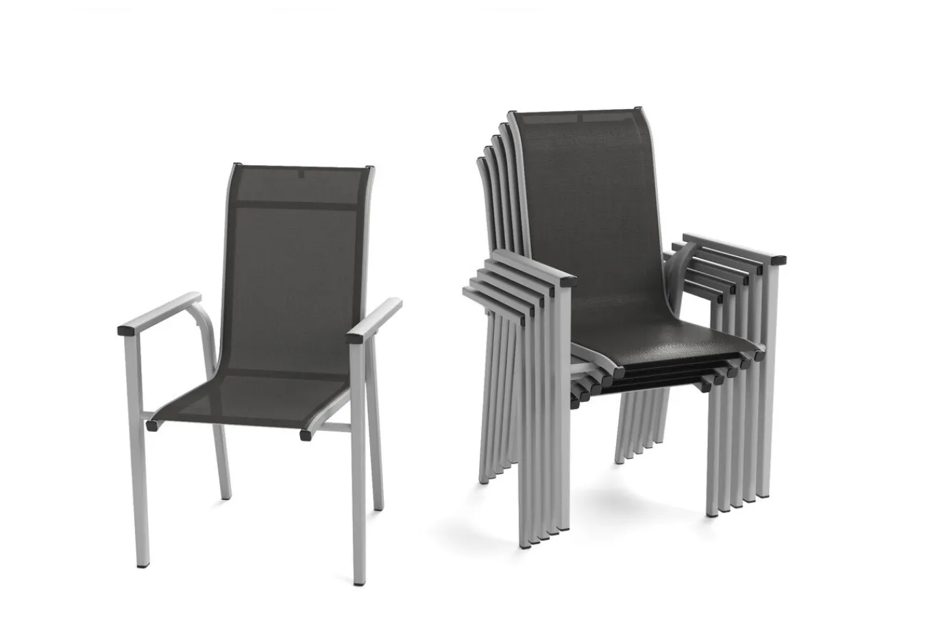 Sale BasicPlus Pro Garten-Essgruppe, silber/anthrazit, Alu/Textilene, Tisch 160 x 90 cm, 6 Stapelsessel Garten-Essgruppen