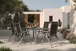 New BasicPlus Pro Garten-Essgruppe, silber/anthrazit, Alu/Textilene, Tisch 160 x 95 cm, 6 Klappstühle Garten-Essgruppen