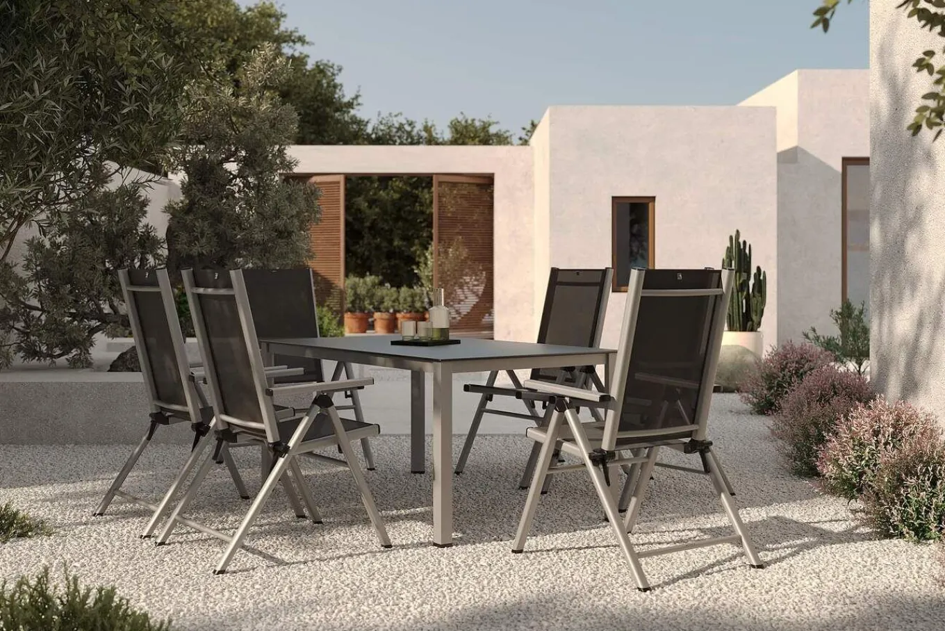 New BasicPlus Pro Garten-Essgruppe, silber/anthrazit, Alu/Textilene, Tisch 160 x 95 cm, 6 Klappstühle Garten-Essgruppen