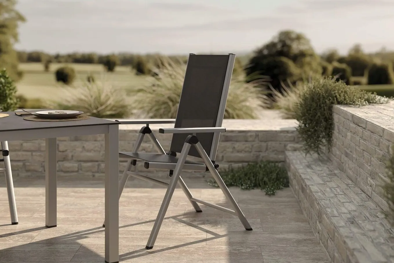 New BasicPlus Pro Garten-Essgruppe, silber/anthrazit, Alu/Textilene, Tisch 160 x 95 cm, 6 Klappstühle Garten-Essgruppen