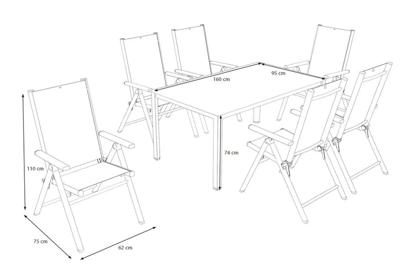 New BasicPlus Pro Garten-Essgruppe, silber/anthrazit, Alu/Textilene, Tisch 160 x 95 cm, 6 Klappstühle Garten-Essgruppen