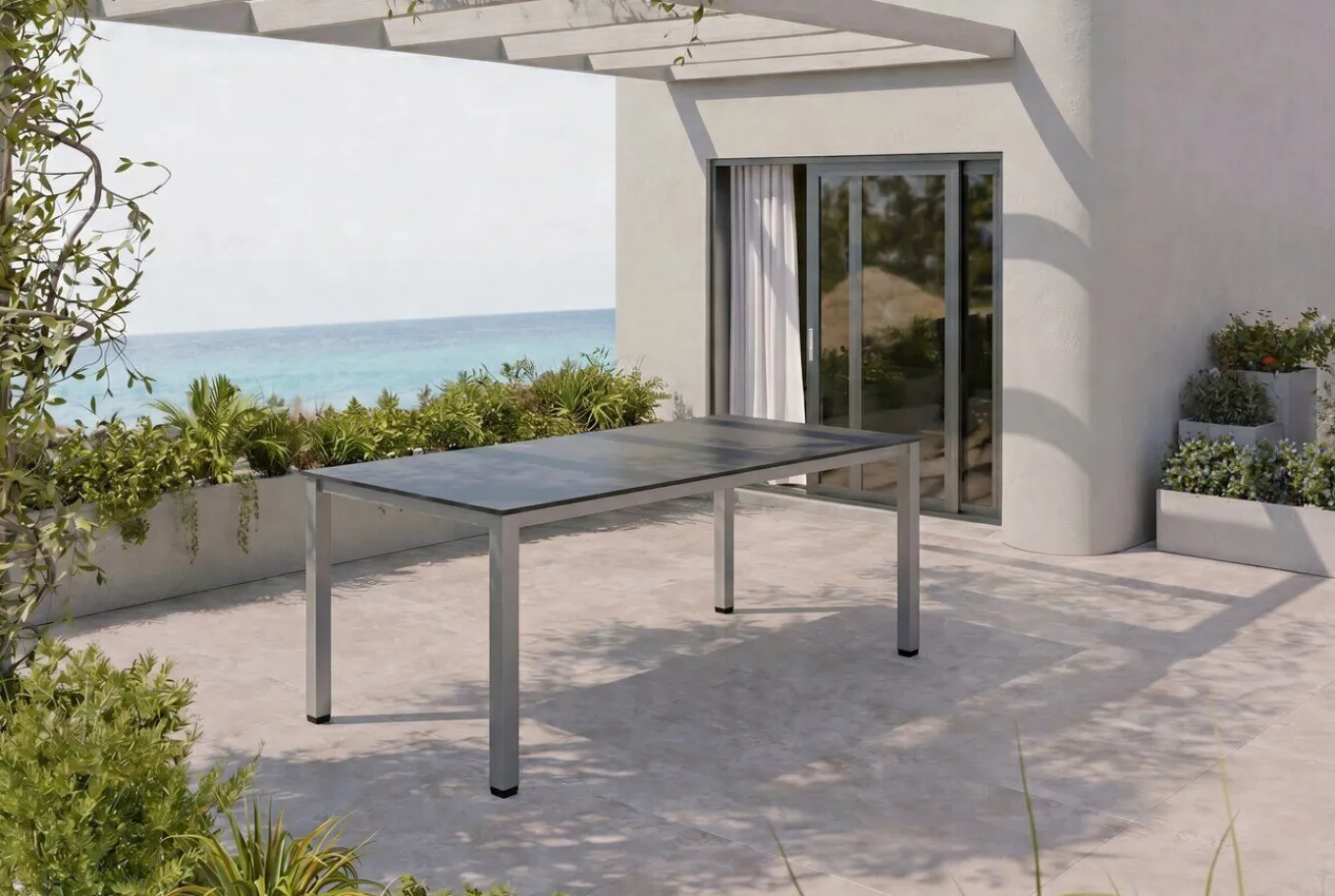 New BasicPlus Pro Garten-Essgruppe, silber/anthrazit, Alu/Textilene, Tisch 160 x 95 cm, 6 Klappstühle Garten-Essgruppen