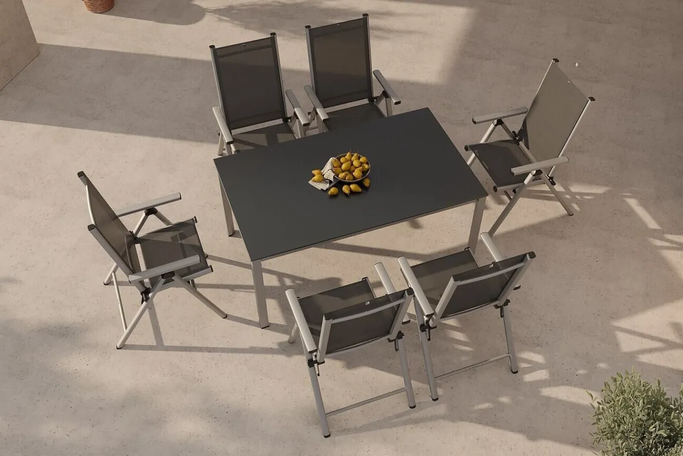 New BasicPlus Pro Garten-Essgruppe, silber/anthrazit, Alu/Textilene, Tisch 160 x 95 cm, 6 Klappstühle Garten-Essgruppen