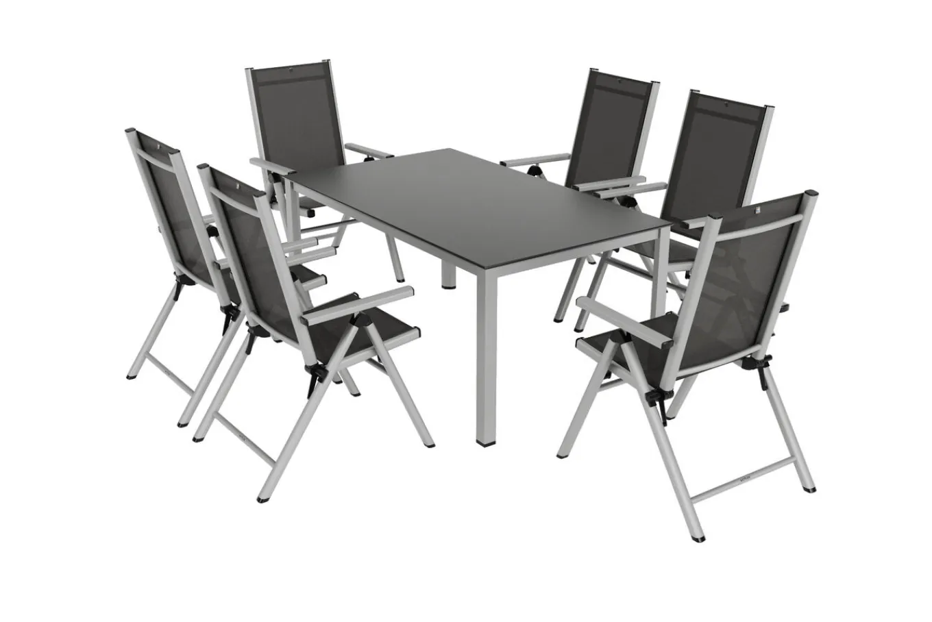 New BasicPlus Pro Garten-Essgruppe, silber/anthrazit, Alu/Textilene, Tisch 160 x 95 cm, 6 Klappstühle Garten-Essgruppen