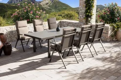 New BasicPlus Pro Garten-Essgruppe, anthrazit/natur, Alu/Textilene/Glas, Tisch ausziehbar 180/240 cm, 6 Klappstühle inkl. Auflagen Garten-Essgruppen