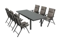 New BasicPlus Pro Garten-Essgruppe, anthrazit/natur, Alu/Textilene/Glas, Tisch ausziehbar 180/240 cm, 6 Klappstühle inkl. Auflagen Garten-Essgruppen