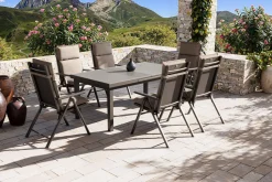 New BasicPlus Pro Garten-Essgruppe, anthrazit/natur, Alu/Textilene/Glas, Tisch ausziehbar 180/240 cm, 6 Klappstühle inkl. Auflagen Garten-Essgruppen