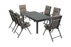 New BasicPlus Pro Garten-Essgruppe, anthrazit/natur, Alu/Textilene/Glas, Tisch ausziehbar 180/240 cm, 6 Klappstühle inkl. Auflagen Garten-Essgruppen