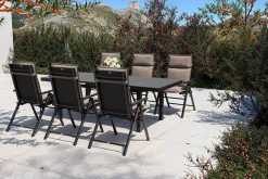 New BasicPlus Pro Garten-Essgruppe, anthrazit/natur, Alu/Textilene/Glas, Tisch ausziehbar 180/240 cm, 6 Klappstühle inkl. Auflagen Garten-Essgruppen