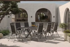 Clearance BasicPlus Pro Garten-Essgruppe, silber/anthrazit, Alu/Textilene, Spraystone-Tischplatte 180/280 x 100 cm, 8 Klappstühle Garten-Essgruppen