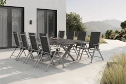 Clearance BasicPlus Pro Garten-Essgruppe, silber/anthrazit, Alu/Textilene, Spraystone-Tischplatte 180/280 x 100 cm, 8 Klappstühle Garten-Essgruppen