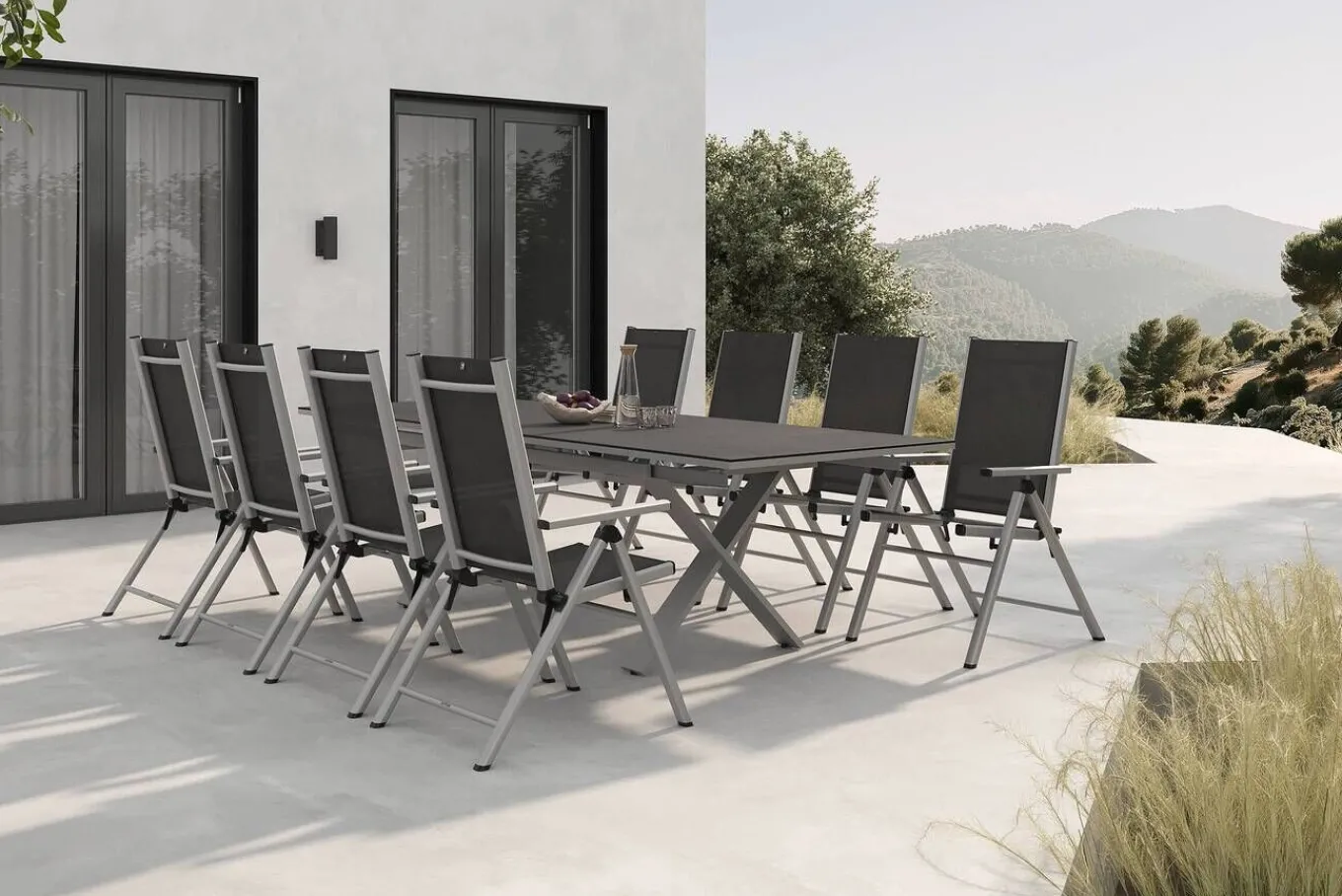 Clearance BasicPlus Pro Garten-Essgruppe, silber/anthrazit, Alu/Textilene, Spraystone-Tischplatte 180/280 x 100 cm, 8 Klappstühle Garten-Essgruppen