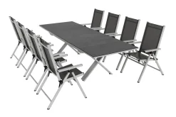 Clearance BasicPlus Pro Garten-Essgruppe, silber/anthrazit, Alu/Textilene, Spraystone-Tischplatte 180/280 x 100 cm, 8 Klappstühle Garten-Essgruppen