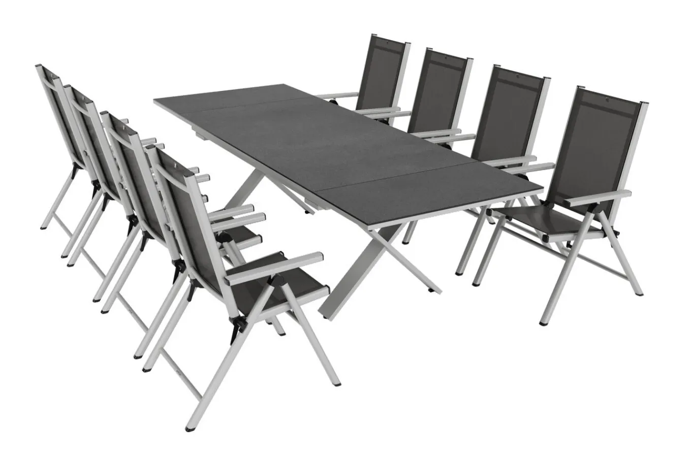 Clearance BasicPlus Pro Garten-Essgruppe, silber/anthrazit, Alu/Textilene, Spraystone-Tischplatte 180/280 x 100 cm, 8 Klappstühle Garten-Essgruppen