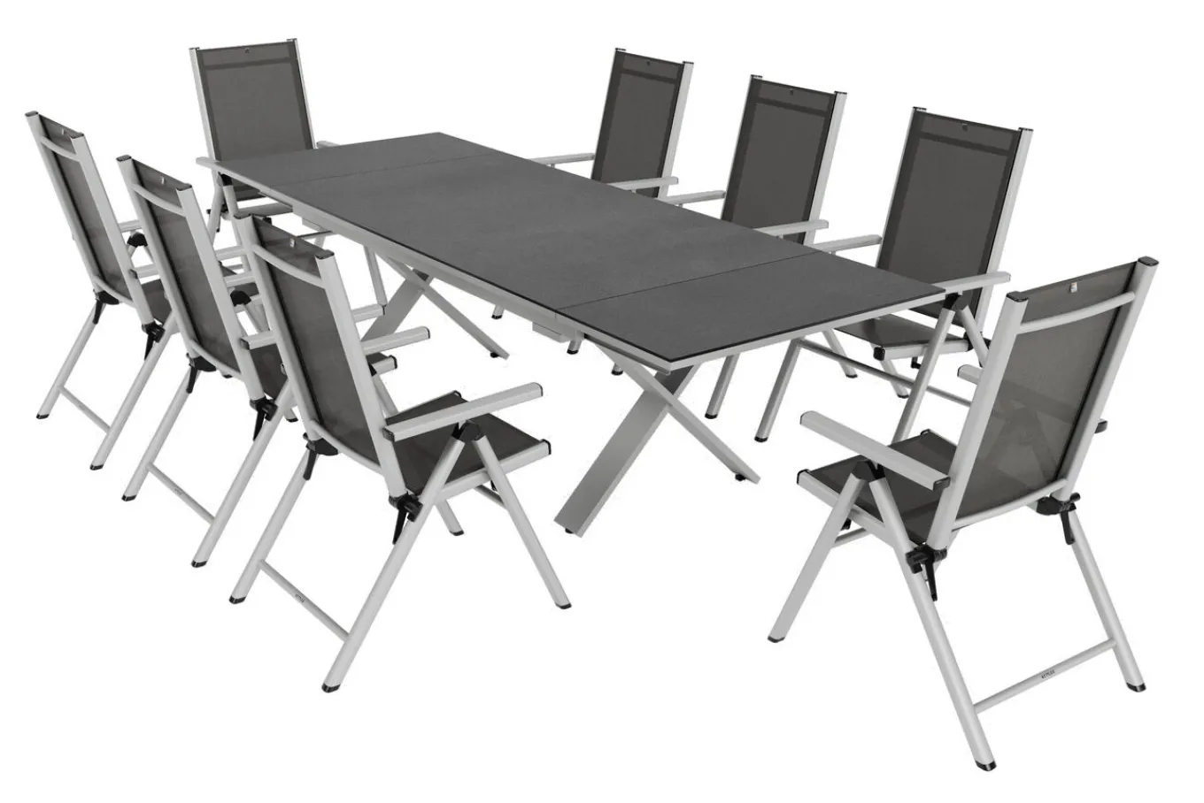 Clearance BasicPlus Pro Garten-Essgruppe, silber/anthrazit, Alu/Textilene, Spraystone-Tischplatte 180/280 x 100 cm, 8 Klappstühle Garten-Essgruppen