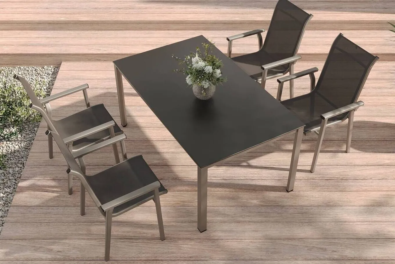 Outlet BasicPlus Pro Garten-Essgruppe, silber/anthrazit, Alu/Textilene, Tisch 160 x 95 cm, 4 Stapelstühle Garten-Essgruppen